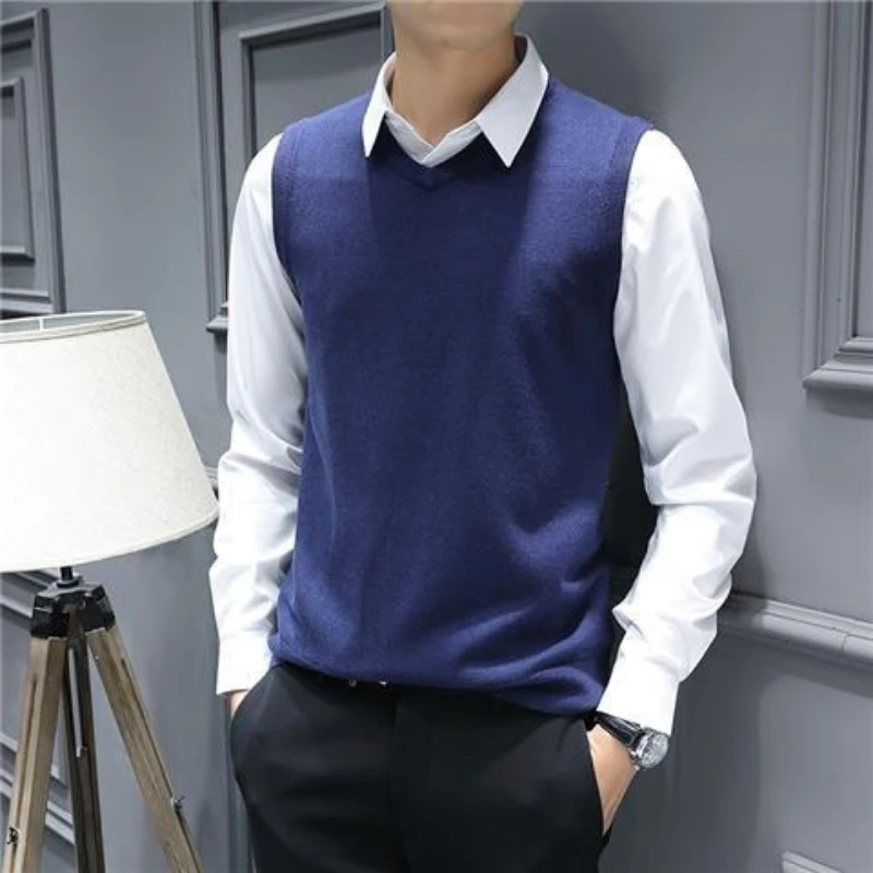 

Мужской весенне-осенний вязаный жилет без рукавов, кардиган, приталенный пуловер с круглым вырезом, трикотажный топ для делового офиса, повседневная одежда