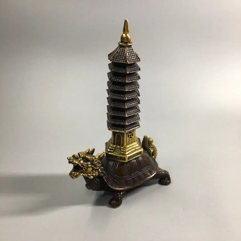 Gilt copper ornament, 9-story pedestal , dragon turtle back tower, study room craft gift,