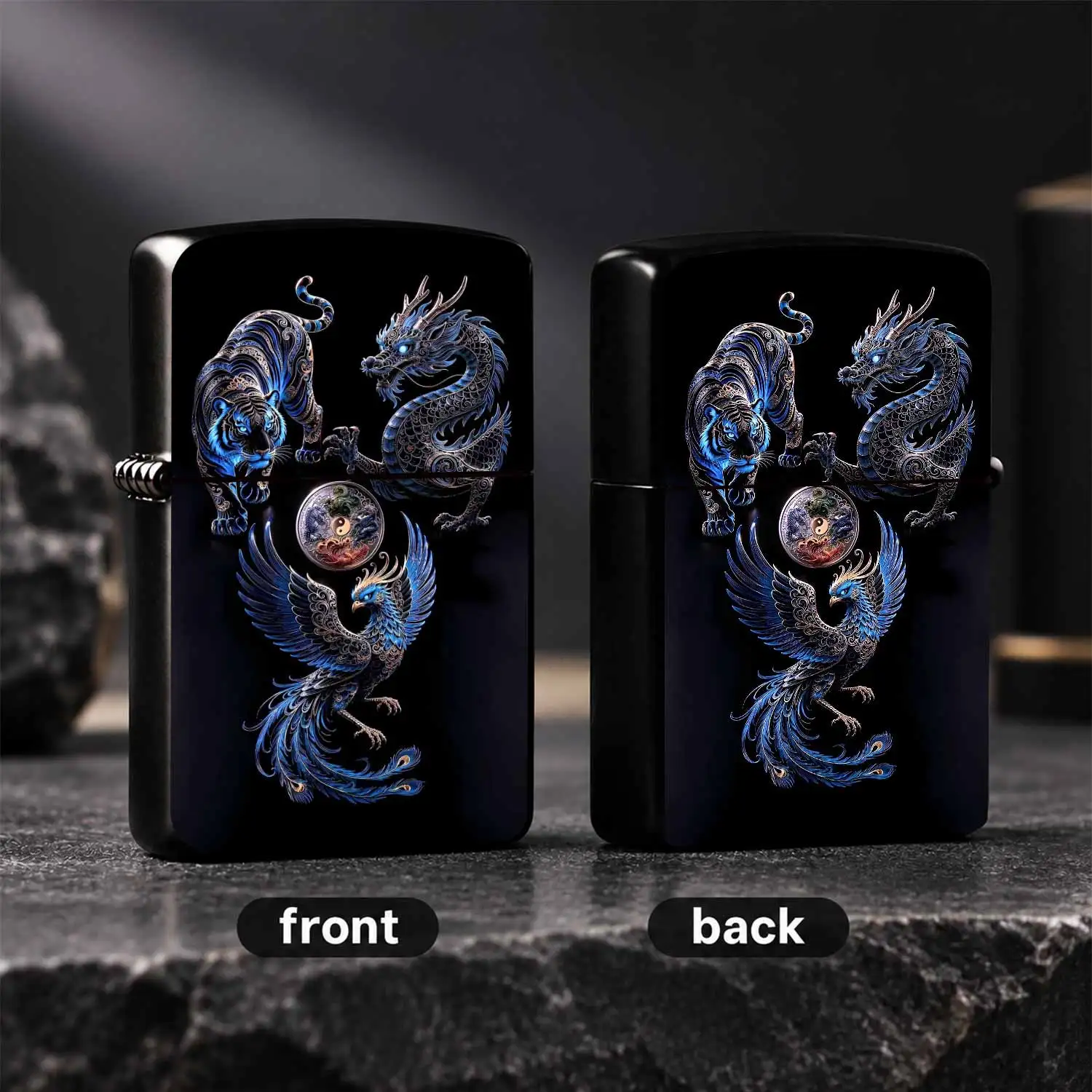 Exquisite Lighter With Auspicious Fourmotif, Delicate Filigree Ornament Blue-Tone Azure Dragonvermilion Bird Pattern, Portable Stylish Accessory Suitable For Daily Use Gifting Outdoor Activities And All Kinds Of Scenari A Humorous And Inter