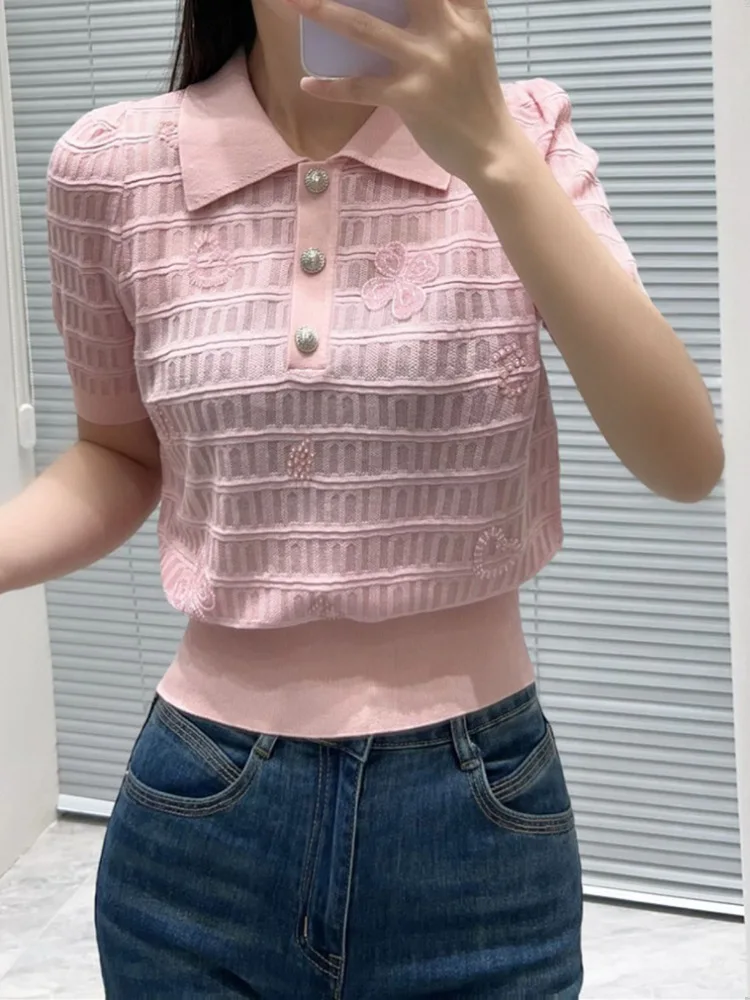 Premium Edition Sweet Sle ort Sve  Ne Knitted Top Pink Embroidery Beads Versatile Summer Faion Ladies' Sweater