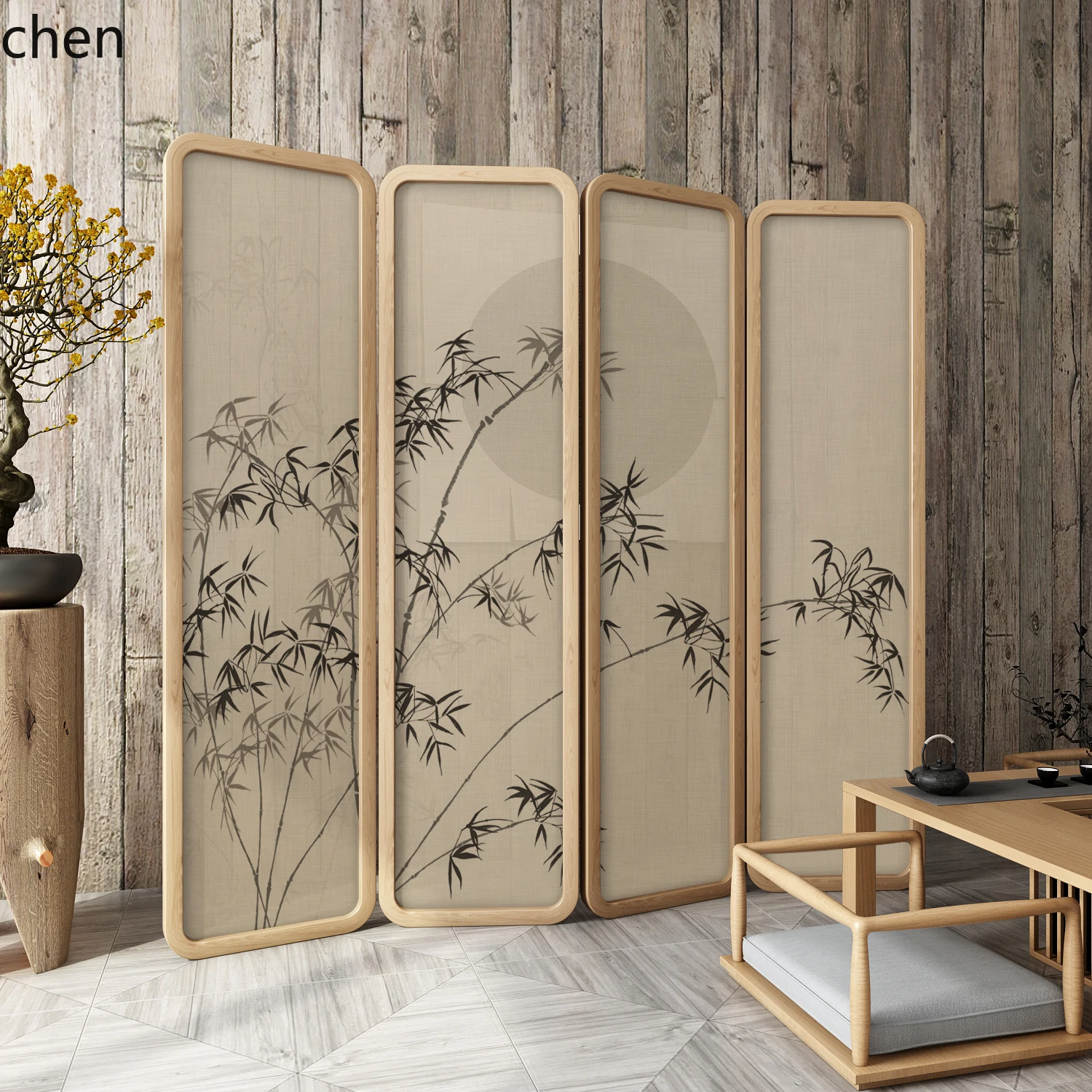 Solid Wood Screen Partition Living Room Folding Mobile Tea Room Conference Room Hall Blocking Zen Style Pine Bamboo Mobile