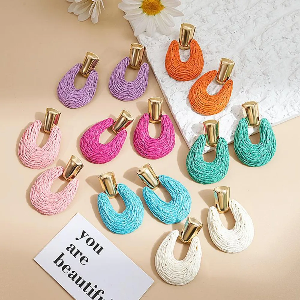 Scalloped Earrings Woven Raffia Earrings Colorful Solid Color Beach Tassel Earring Alloy Hoop Exaggerate Hollow Round Earrings