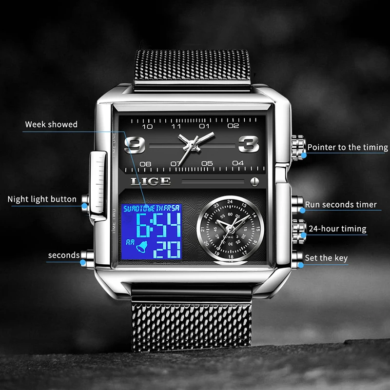 LIGE Men Digital Watch Military Sports Double Display Big Watches Fashion Waterproof Electronic Wristwatch Men Relogio Masculino