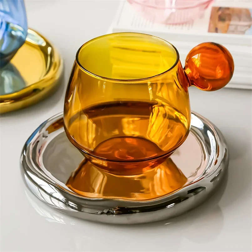 Nordic Style Niche Entry Luxury Latte Coffee Cup, Saucer Spoon Suit British Afternoon Tea Set Household Heat Resistant Glass Cup
