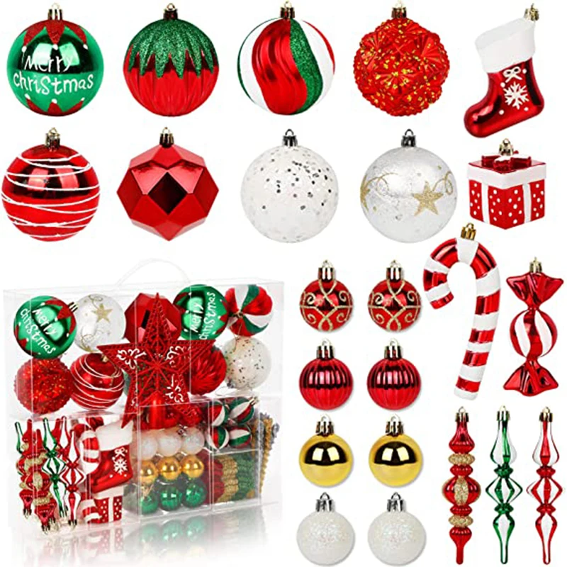 Imagem -04 - Ourwarm-christmas Ball Ornaments Xmas Tree Spheres Decoração de Festa Vermelho Verde Ouro Bolas para Férias 106 Pcs