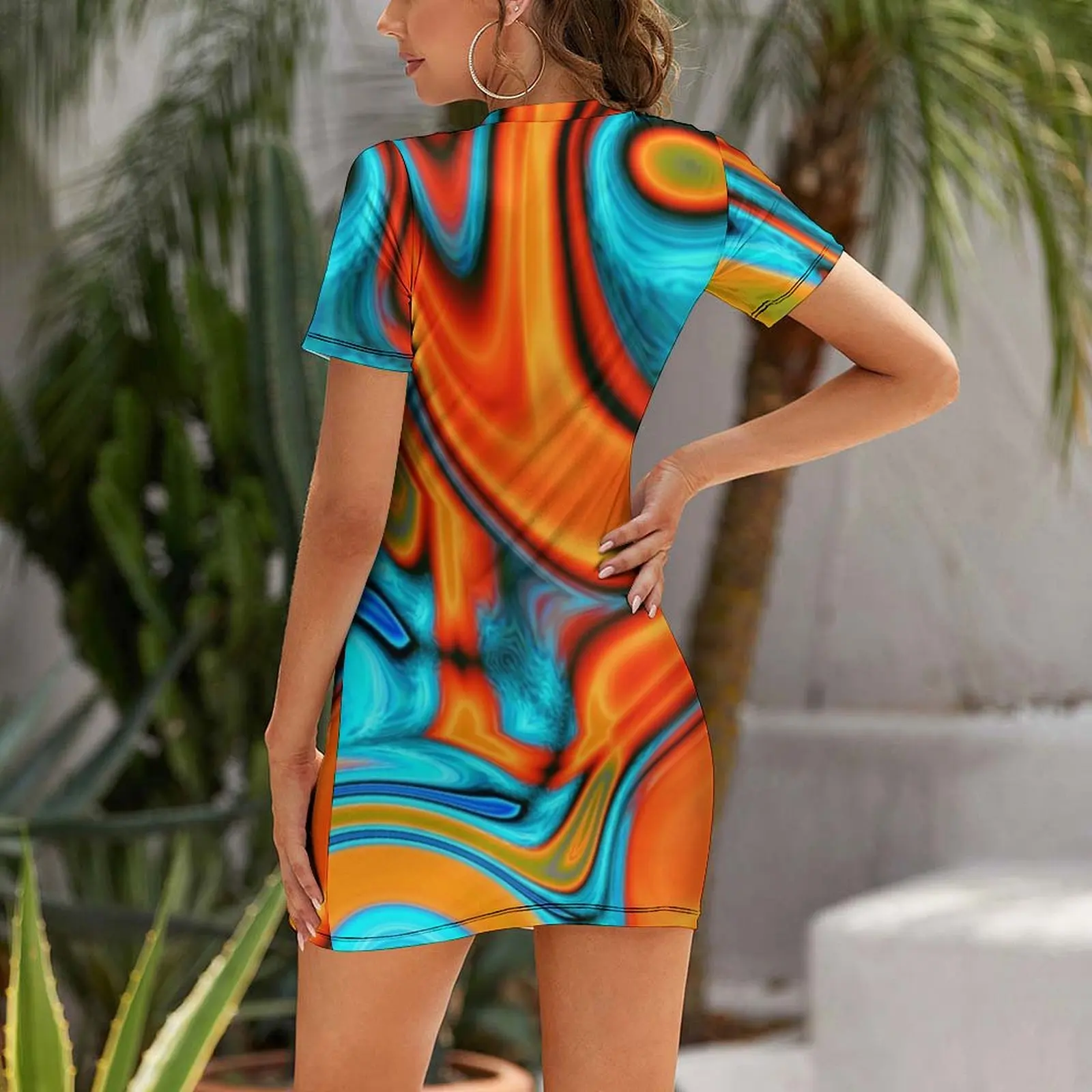 vivid modern Southwest hipster turquoise orange swirls Short Sleeved Dress Party dresses summer outfits for women 2025 Dress