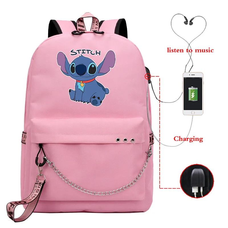 Disney Stitch Bag Zipper USB Charging Mochila Capacity Backpack Women Kpop School Bags for Teenage Girls Students