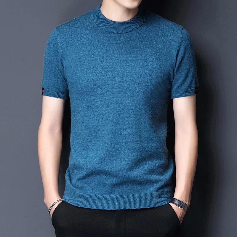 

Spring Autumn Men's Half Sleeve Knitted Sweater round Neck Casual Short Sleeve Pure Color Half High Collar Korean Style Trend...