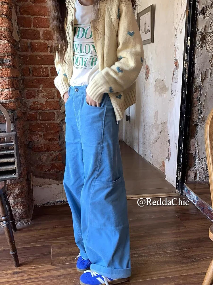 REDDACHiC Big Size Winter Fleece Lined Cargo Pants Women Baby Blue Corduroy Pockets Casual Wide Leg Long Trousers Retro Clothes