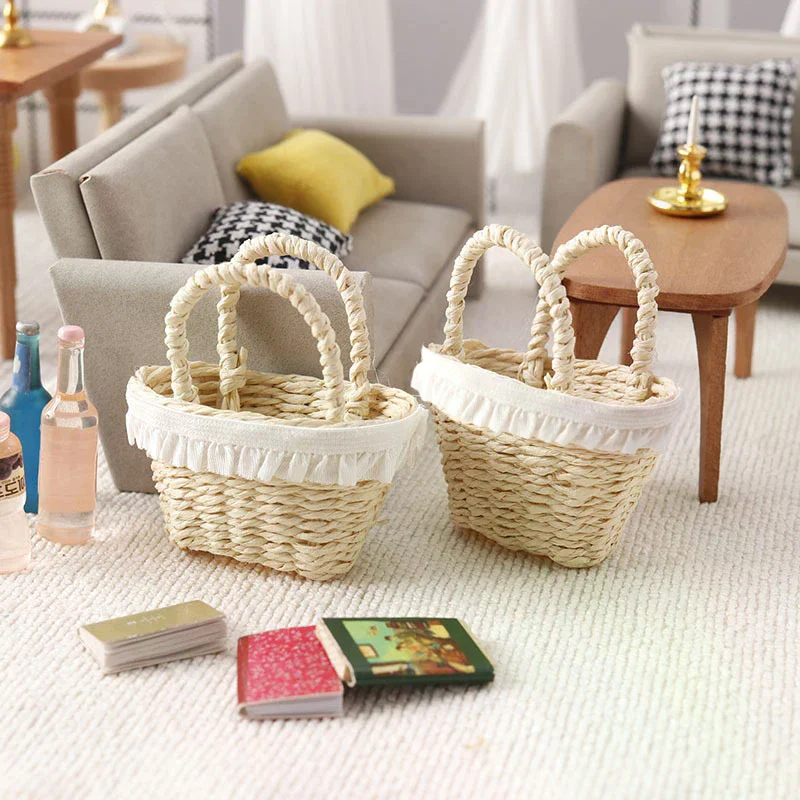 Mini cesta tejida de simulación para casa de muñecas, modelo de muebles para casa de muñecas, decoración, Micro escena, juguetes para juego de imitación, 1/12