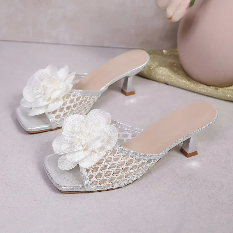 

Mesh Cutout Breathable Non-Slip Wear-Resistant High Heels Women's Fashion Square Toe Open Toe Flower Stiletto Slippers