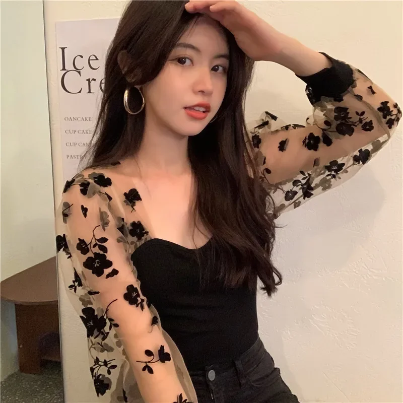 Sweet Blouse Women Square Collar Long Sleeve Patchwork Gauze Shirts 2023 Korean Blouse Tops Sexy See Throught Blusas De Mujer