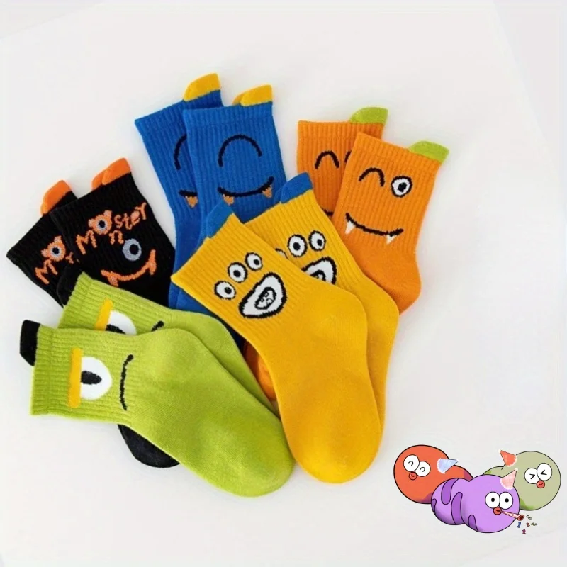 5‑Pack Kids Cartoon Monster Socks Bright Color Face Print Soft Cotton Breathable Mid Calf Boys Casual Socks