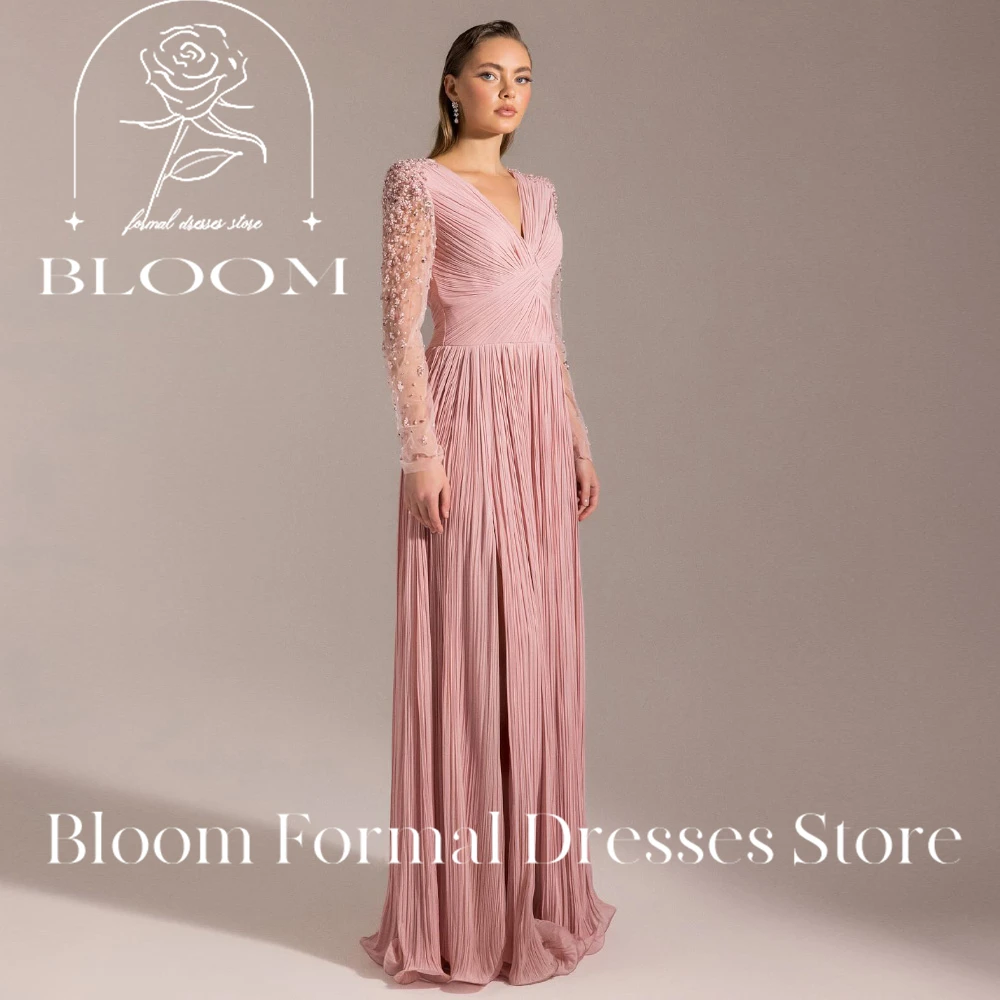 ブルームカスタマイズされた V ネック長袖ビーズプリーツロングイブニングドレスエレガントなフォーマルガウンスタイリッシュでユニークなグラマラス魅力的