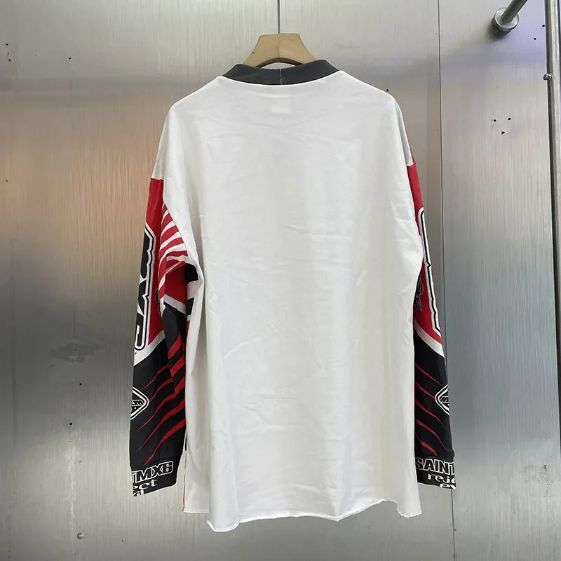 Men Women High Street Vintage White Red Color Block Racing Style Saint Long Sleeves T Shirt Best Quality Crack Print T-Shirt Tee