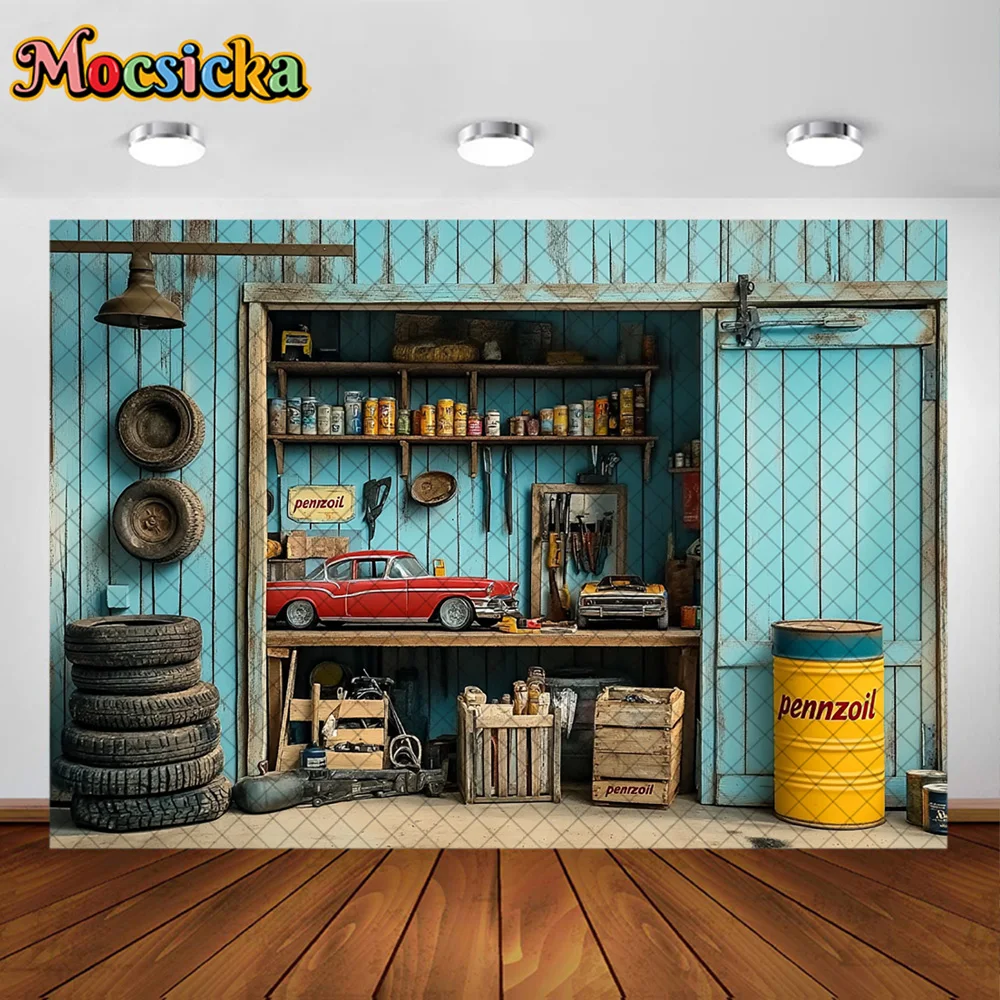 Mocsicka Photography Background Car Repair Warehouse Theme Decoration Cake Smash Baby Shower Boy's Birthday Party Studio Props