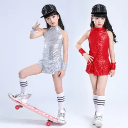 Girls Sequins Dance Clothes Dress 4-12 Yrs Sparkle Hip Hop Jazz Dance Outfit, Sleeveless Top and Shorts