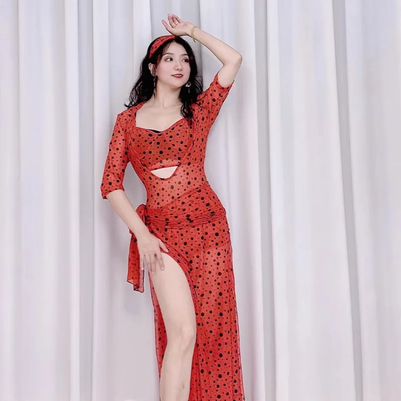 customized belly dance costume practice outfit baladi folk style robe red polka dot five piece set mesh practice plus size 3pcs