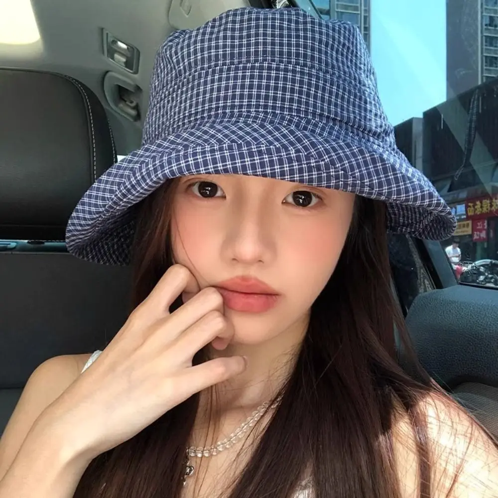 Japanese Summer Plaid Bucket Cap Curled Quick-dry Plaid Sun Hat Foldable Bow Fisherman Caps Outdoor