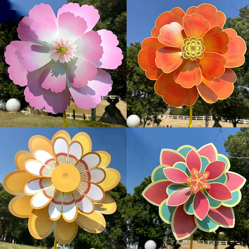 1 Piece Stake Standing Lawn Rotating Flower Pinwheel Double Layered Flower Shaped Windmill Garden Decoration Photo Props