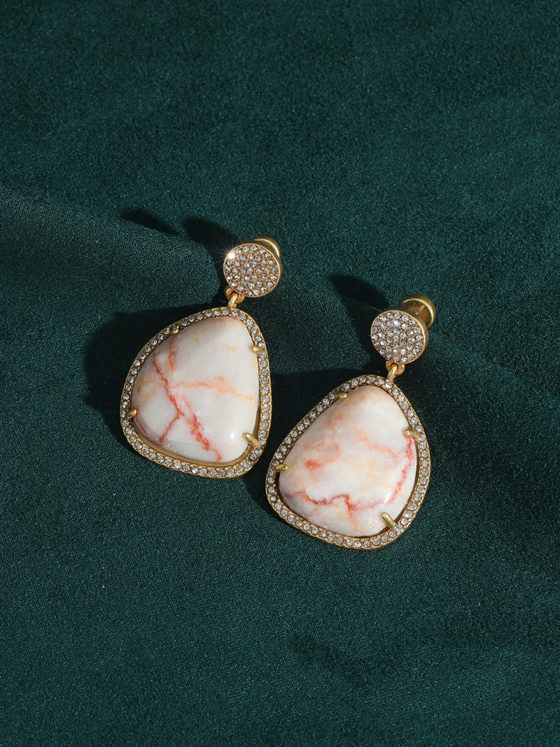 Vintage White Natural Alien Red Patterned Stone Drop Earrings Luxury Antique Art Deco Gold Color Jewelry For Women Brand Gift
