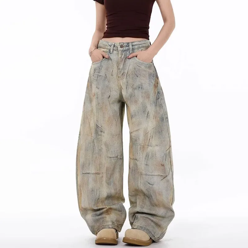 Korean High Street Jeans Dirty Dyed Women'S Curved Knife Jeans Loose Wide Leg Pants Casual Straight Leg Pants Distressed Pants