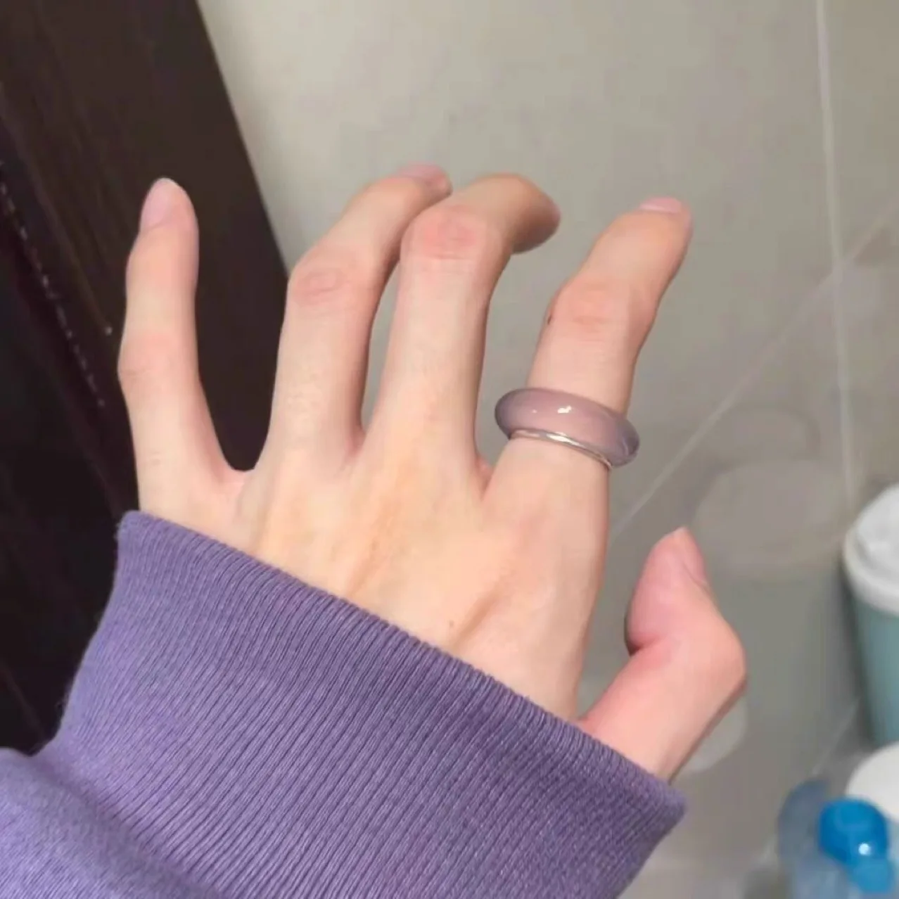 

New Chinese Style Crystal Ring Washable Light Pink Arc Surface Transparent Feeling Ring for Hand Washing Gemstone Material