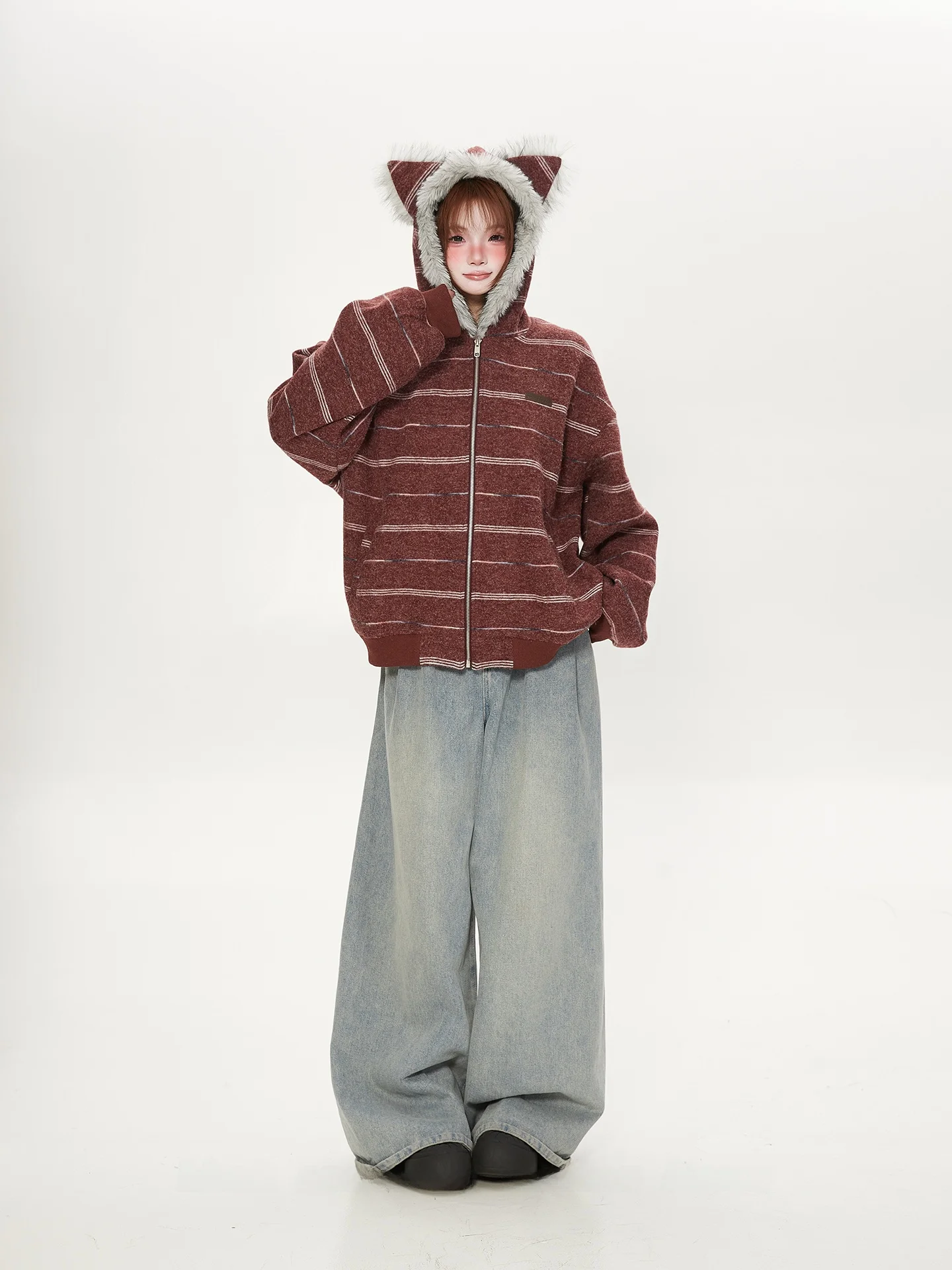 

Furry Ear Hooded Open Cardigan Sweatirt Women's Autumn Winter Thiened Retro American Sle Outerwear for Couples