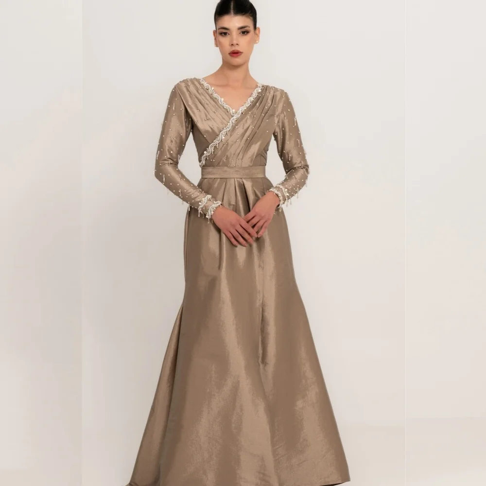 

Элегантные длинные платья Charmeuse со складками и блестками, расшитые бисером, с v-образным вырезом на заказ, блестящие знаменитости