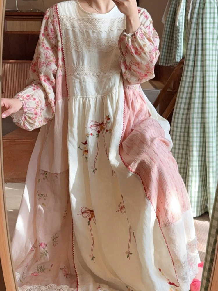 120cmBust SpringFall Women Embroidery Ramie Dress With Cotton Lining Long Sleeve Long Mid-Calf Ladies Loose Lace Patchwork Dress
