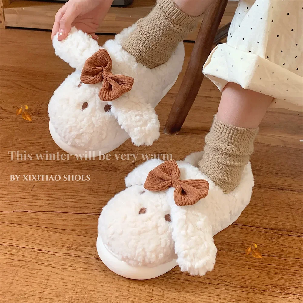 Cute rabbit children's cotton slippers winter indoor home leisure soft comfortable warm plush bow ladies cotton shoes