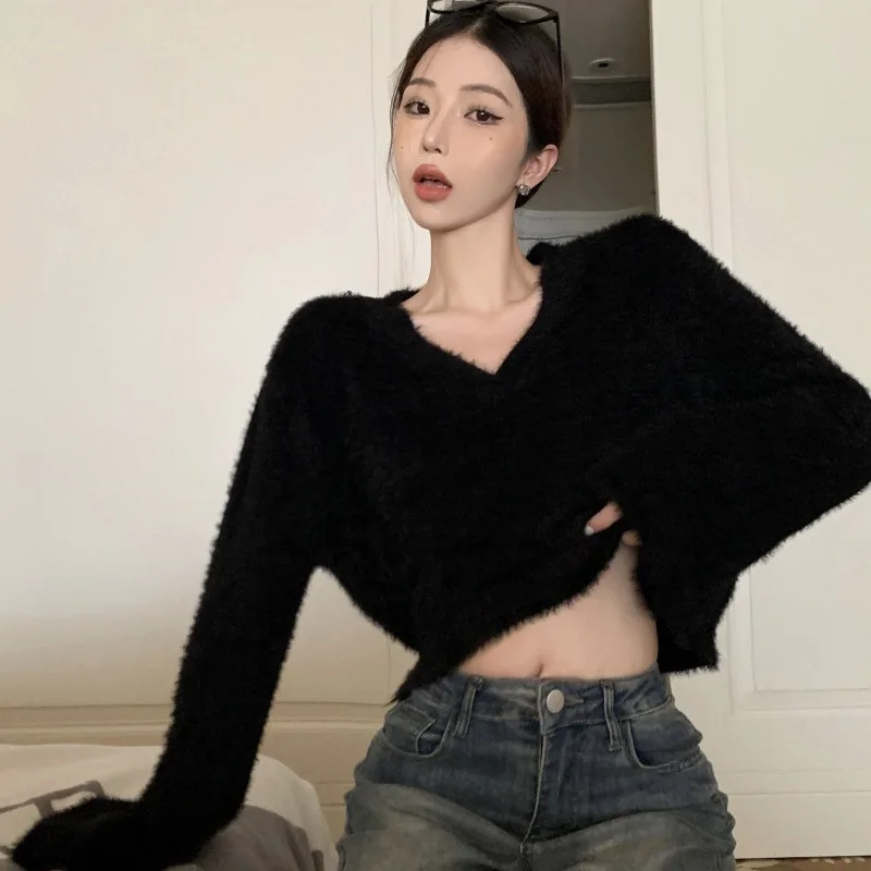 y2k Women Mink down Korean Sweater Autumn And Winter  Pullover Temperament  V-neck Tops