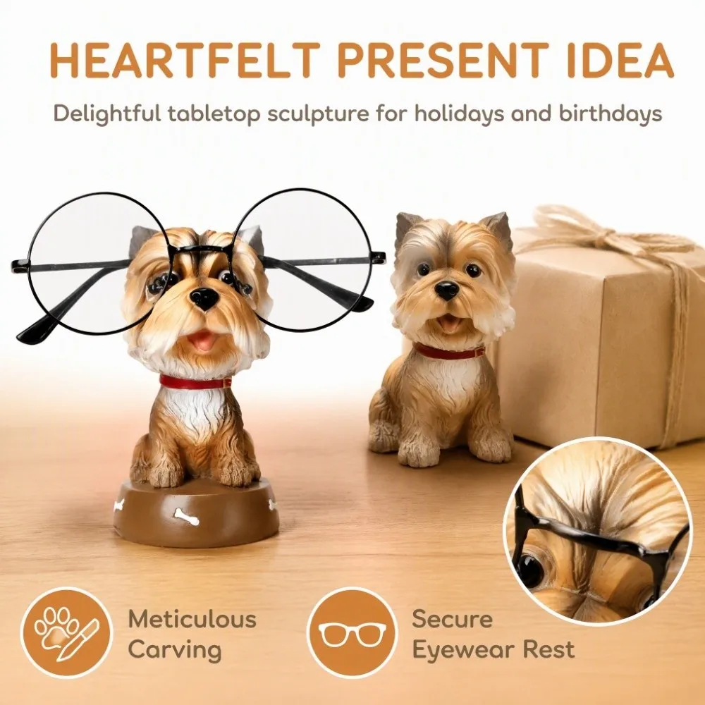 Animal Shaped Design Dog Figurines Glasses Holder Desktop Use Type Yellow Resin Animal Statues Eyeglasses Display Stand