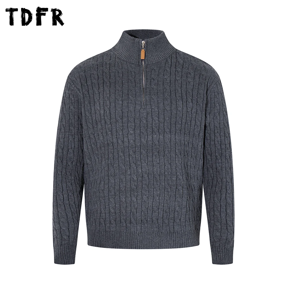 Retro Stand Collar Half Zipper Sweater Mens Solid Color Autumn Winter Casual Knitted Long Sleeve Loose Pullover Man