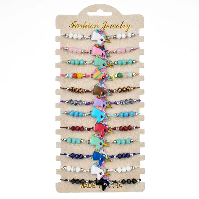 12Pcs/lot Mixed Color Flamingo Animal Beads Charms Braided Bracelet Set Adjustable Rope Wristband Bracelet Women Jewelry Gift