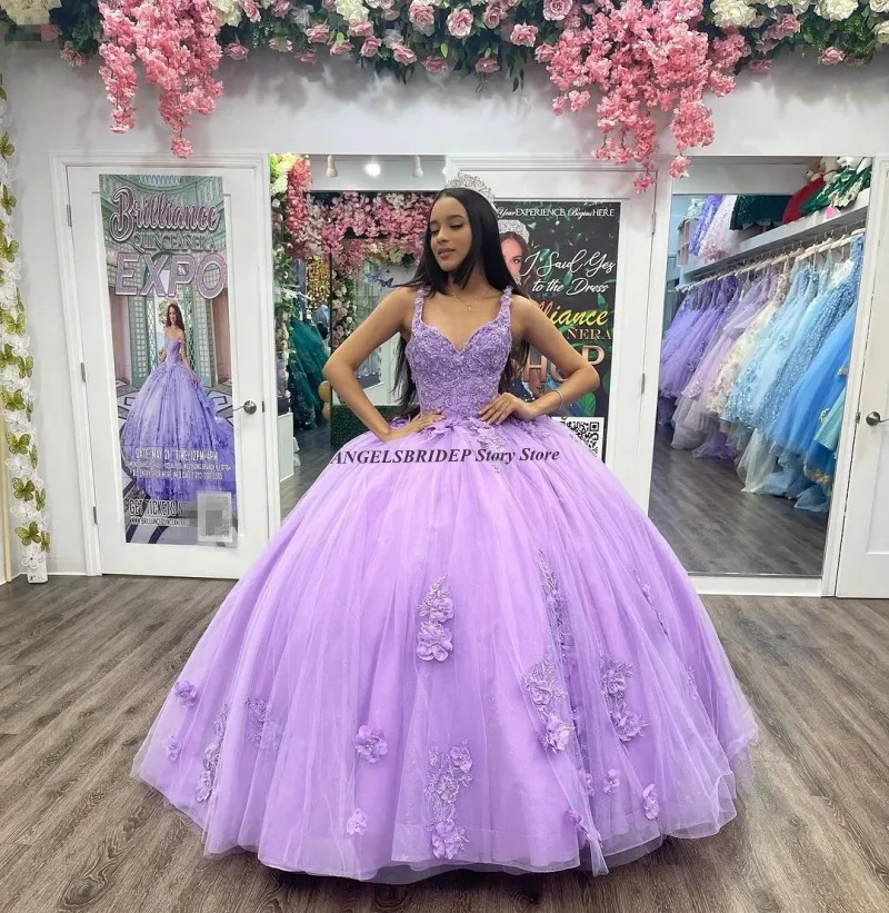 ANGELSBRIDEP-Vestido de baile frisado sem mangas, vestidos de aniversário princesa, vestidos lilás Quinceanera, apliques de renda, 2024