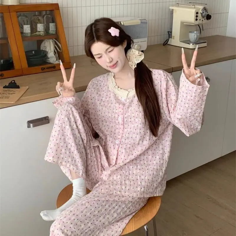 French Style Pajamas Women Spring Autumn Sweet Floral Lace Trim Round Neck Long Sleeve Long Pants Homewear Loungewear Set Cozy