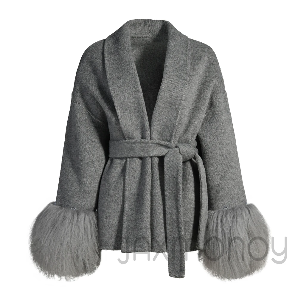 

Jaxmonoy 2025 Winter Clothing Real Mongolian Sheep Fur Cuffs Wool Coat Ladies Autumn New Design Woolen Jacket Fashion Overcoats