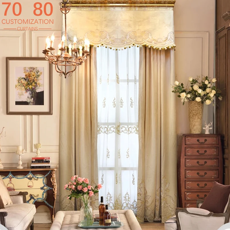 European Luxury Cream Colored Embroidered Curtains for Living Room Bedroom Window Screen French Window Customized