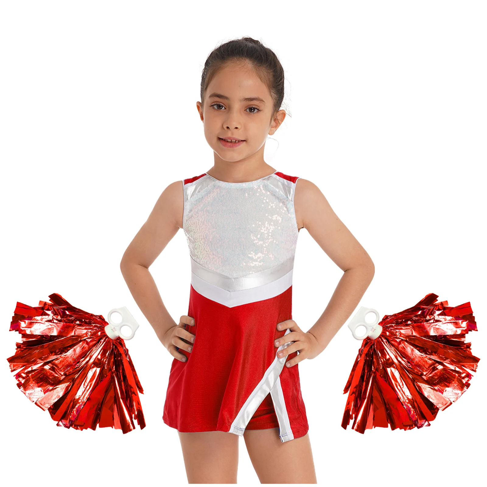 Kids Girls Cheerleading Costume Dance Outfit Round Neck Shiny Sequins Adorned Dress with Shorts And 1 Pair Flower Balls Set