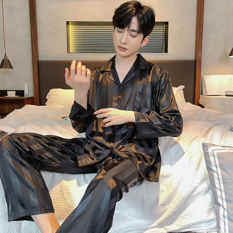 Ice Silk Sleepwear Men Long Sleeve Spring Autumn Pajamas Setds Silk Nightwear Homewear Sets Luxury Brand Clothing Korean Fashion