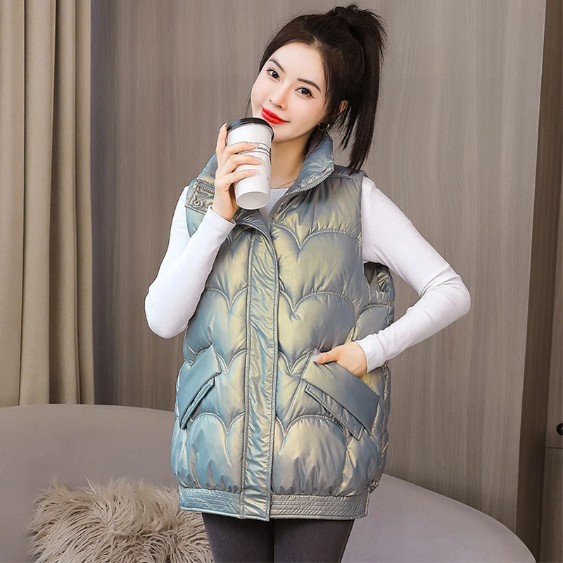 Shiny Winter Padded Vest Loose  Women\'s Zipper Stand Collar Pockets Ladies Causal Sleeveless Jacket Waistcoat for Female 2022