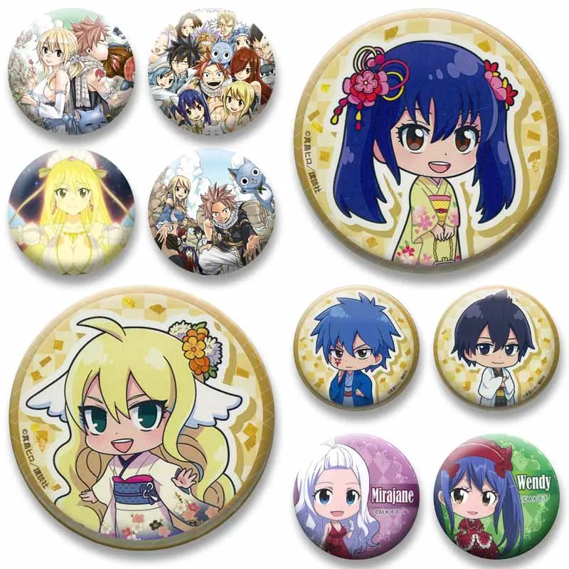 Fairy Tail Anime Badge Round Manga Snap-in Brooch Cute Cartoon Natsu Gray Lucy Cosplay Pins Backpack Clothes Jewelry Accessories