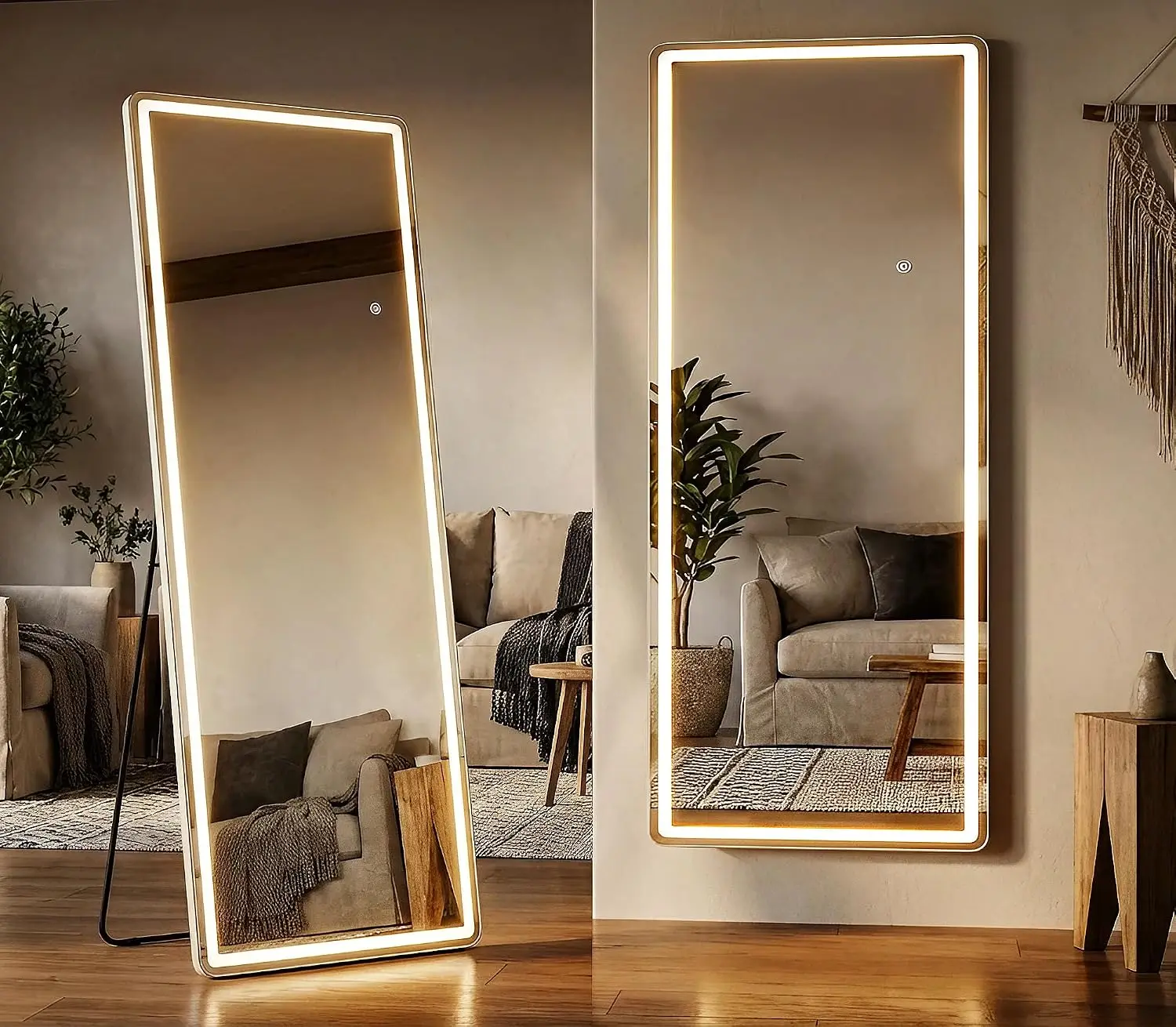 64x21 Lighted Full Body Mirror Wall Mounted 3 Color Lights Floor Stand Hanging Dressing Bedroom Cloakroom Daily Checks