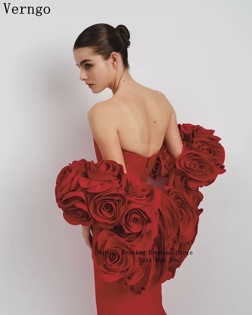 Verngo Red Satin Evening Dress Sweetheart Mermaid 3D Flower Elegant Prom Gown Side Slit Formal Occasion Dresses Customized
