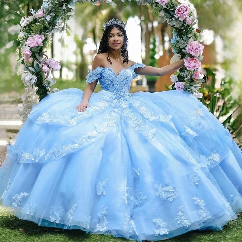 

Sky Blue Quinceanera Dress Off The Shoulder With Bow Lace Applique Tull Mexican Sweet 16 Vestidos De XV 15 Anos Birthday