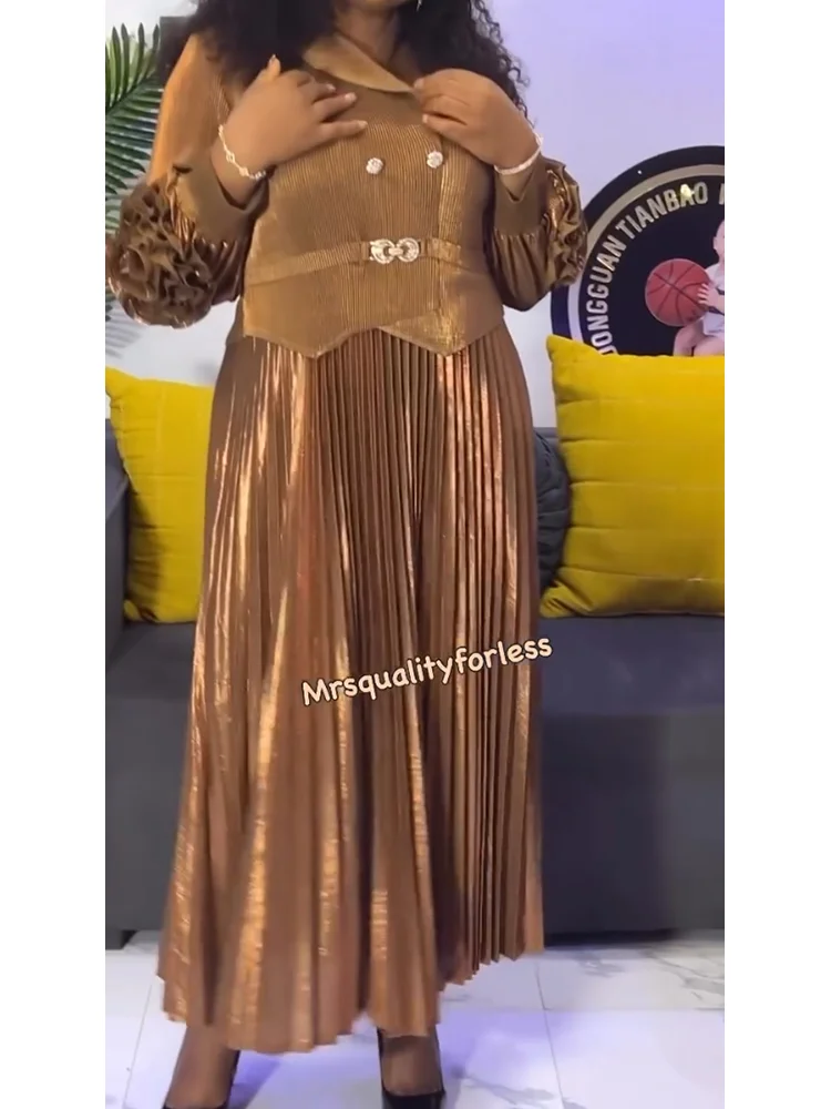 EGRM – robe plissée Chic pour femmes, imprimé feuille d'or, haut de gamme, col cranté, cravate, Design floral, faux deux pièces, 7R5809