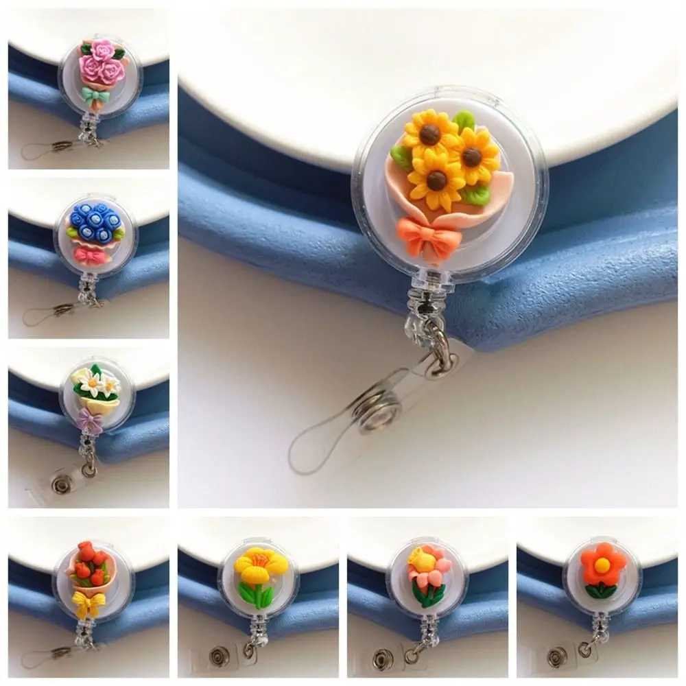 Cartoon Flower Nurse Badge Reel Name Tag Retractable Easy Pull Buckle Colorful Resin Flora Badge Holder Hospital Use