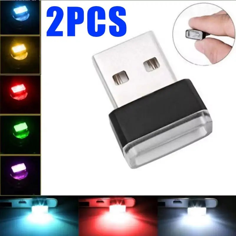 2PCS Mini USB LED Car Light Ambient Night Light Decorative Neon Lamp Auto Interior Atmosphere Emergency PC Mobile Power Charging