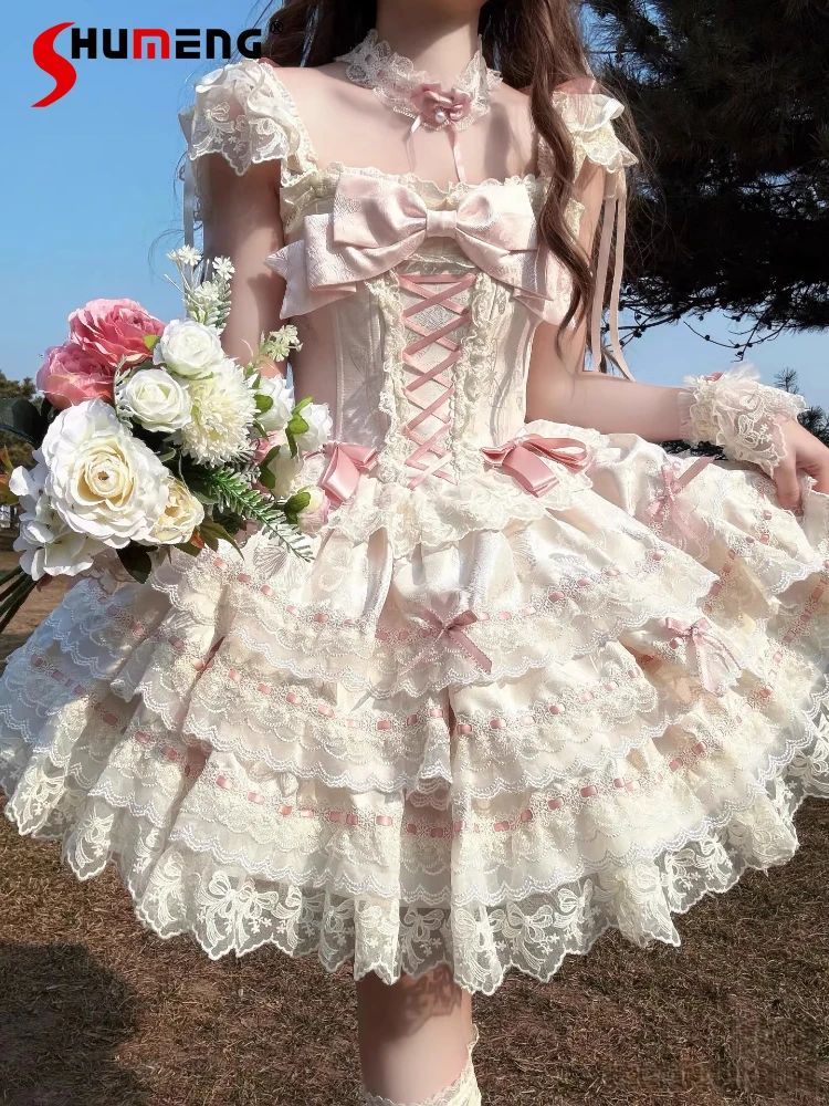 

Pink Lolita Dress for Women Summer Sweet Elegant Short Suspenders Dress Jsk Cute Bow Lace Princess Birthday Dress Vestidos